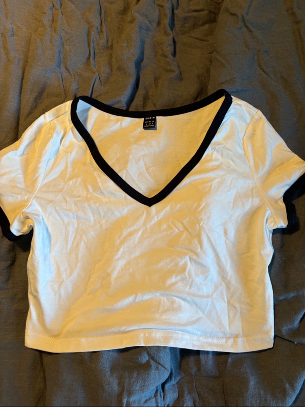 SHEIN White Cropped V-Neck Top with Black Trim